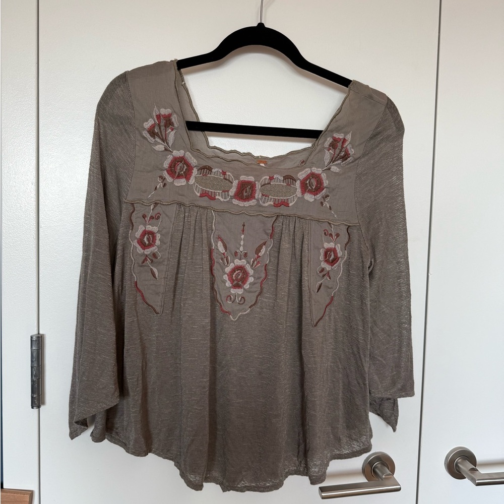 Free People Brown Embellished 3/4 Sleeve Blouse